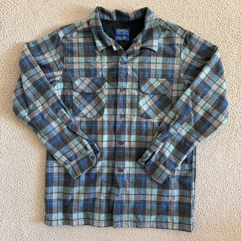 Pendleton Rider Shirt Mens Large Wool Flannel Loop Collar Plaid USA Virgin Shirt